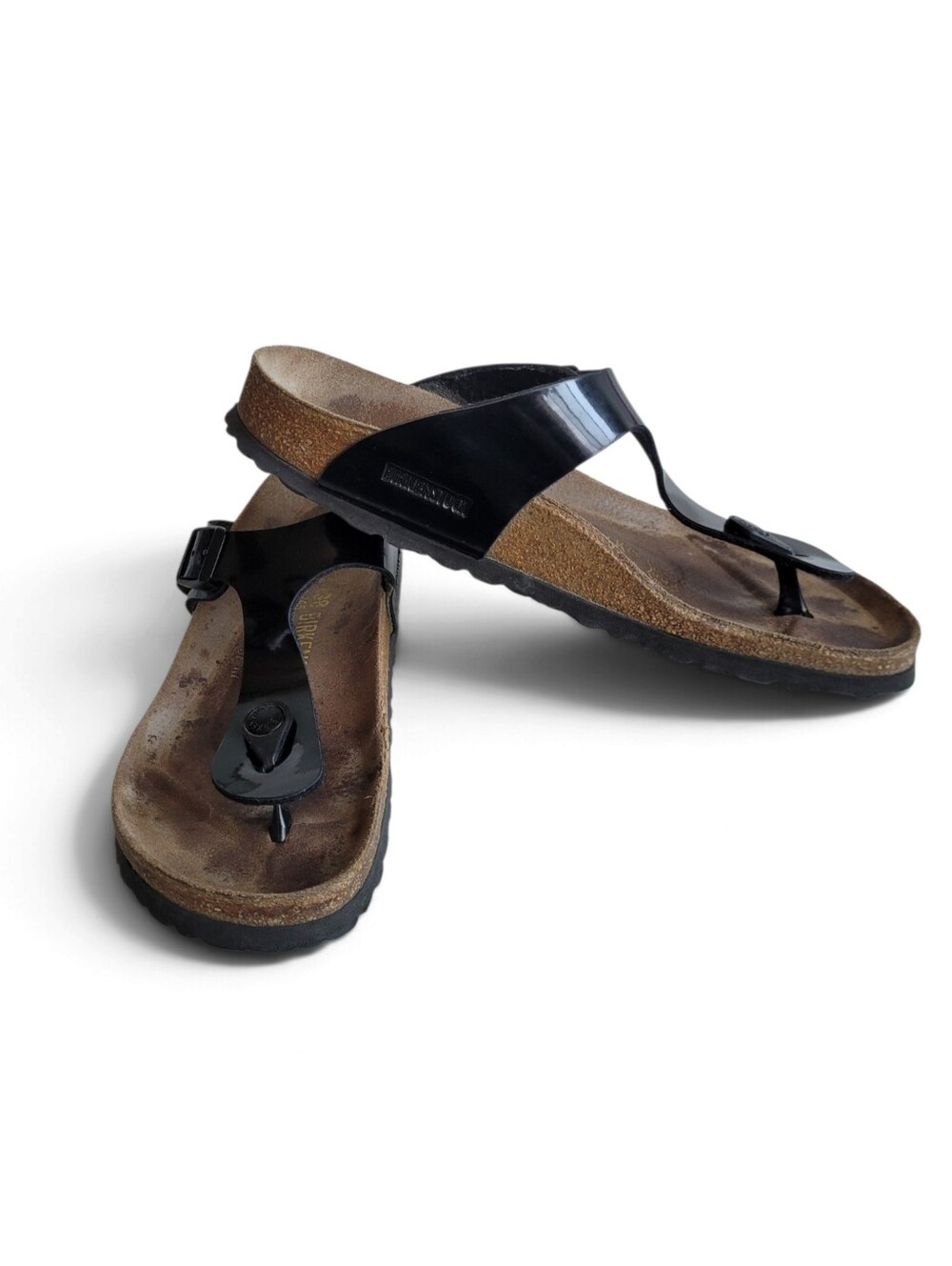 Birkenstock Gizeh Birko Flor Black Patent T-Strap Sandals Size 7 / 38